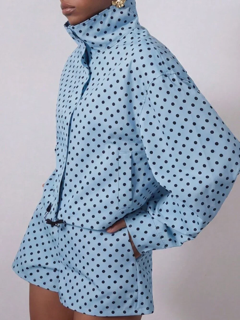Sky Blue Casual Women's Polka Dot Stand Collar Bomber Jacket_3